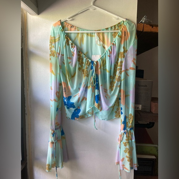 Free People Piece of Paradise Blouse Bell Sleeve Floral Mesh Sheer Multi S NEW - Picture 4 of 7